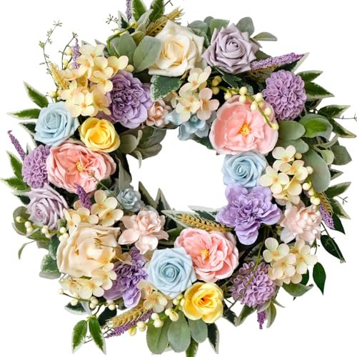 CIR OASES 22-inch Spring colorful wreath Artificial Rose hydrangea Peony Wheat ear wreath Spring Summer Front porch fireplace Decorative wreath Wedding birthday party Festive party Decorative wreath