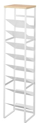 Yamazaki 1491 Tower 8-stöckiges Flaschenregal mit Holzablage, weiß, Stahl/Holz/Silikon, minimalistisch, 19,3 x 20 x 88,5 cm