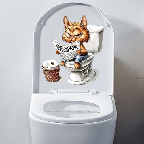 Autocollants 3D en forme d'animal amusant pour abattant de toilette - Autocollant mural imperméable pour abattant de toilette - Motif chat aux yeux blancs