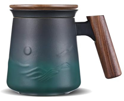 ZENS Teetasse mit Deckel und Sieb, 430ml Losen Teebecher mit Sieb,Grün | Geprägtem Keramik Teetassen mit Feinsieb,Vintage Holzgriff und Deckel,Losen Teeliebhaber Geschenke