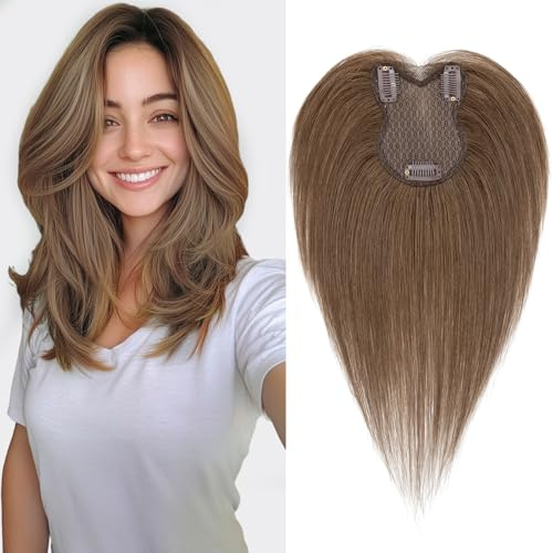 S-noilite Toupets für Frauen mit Seitenpony 8x11cm - 100% Echthaar Topper Hair Extensions Echthaar Damen Haarverdichtung #4 Mittelbraun 21 Gramm
