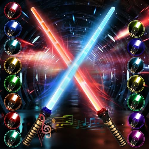 ZQEJEFD 2 Pcs Sable de Luz, 2 en 1 Espada Láser Telescópica con Sonido, 15 Colores de Sable Luminoso, Espada Luminosa para Niños y Adultos Navidad Halloween Regalos Cosplay Guerra de Las Galaxias