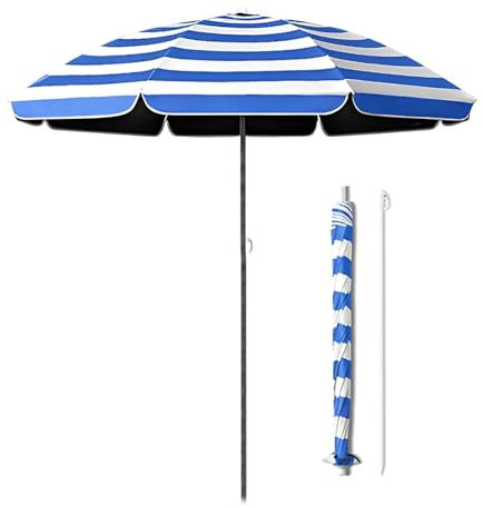 Générique Parasol de plage rayé bleu blanc 155cm, hauteur réglable, Ombrelle extérieur pour voyage, balcon, piscine, petit parasol portable léger avec protection solaire UPF50 +