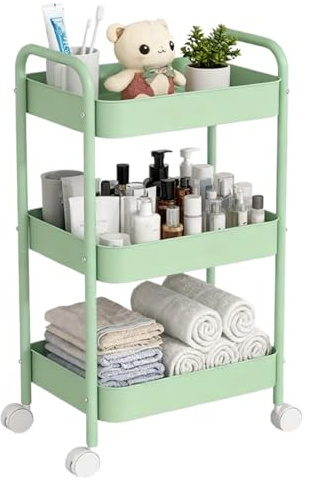 Siocok 3 Tier Metal Storage Trolley on Wheels, Storage Cart, Rolling Utility Cart, Easy Assembly for Home Kitchen, Bathroom Laundry and Office (Green)