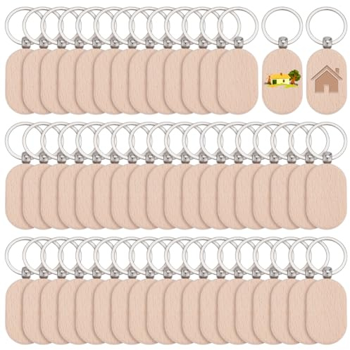 FINGERINSPIRE 100Pcs Porte-Clés en Hêtre Vierges 59x30x7mm Porte-Clés Bruts pour Gravure Artisanat en Bois DIY Avec Design Rectangle Arrondi et Anneaux en Fer Solides Porte-Clé en Bois