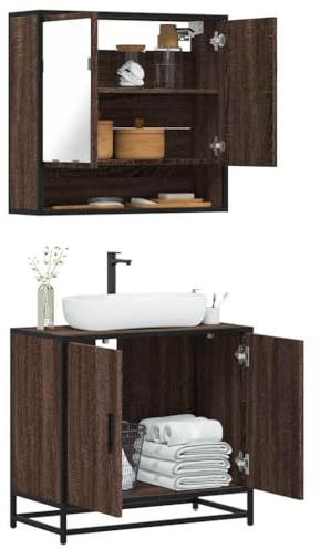 IBUQDDV Mobile Bagno con Specchio e Lavabo in Rovere Marrone, Struttura Metallo Industriale, Mobile da Parete per Bagno con Ampio Spazio di Archiviazione, Resistente all'Umidità