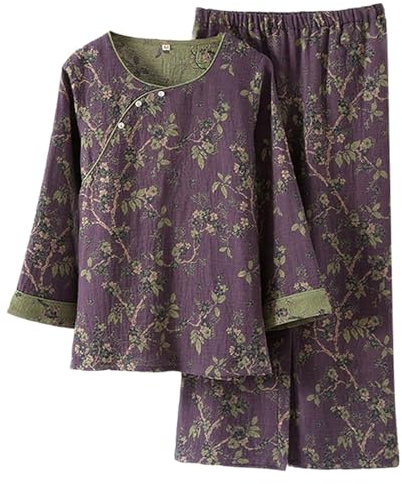 Modeewel - Conjunto de pijama japonés para mujer, pijama chino Hanfu Kimono, ropa de dormir japonesa de dos piezas, pantalón de traje de sudadera, ropa de estar por casa, morado, XL