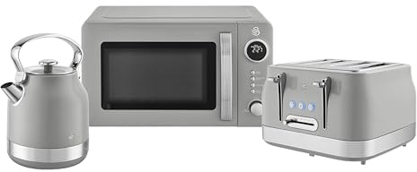 Swan Retro Kitchen Set, 1.7L Rapid Boil Kettle with 360 Degree Base, 3000W, and 4 Slice Toaster with 7 Browning Levels, 1860W and 20L Digital Microwave, Grey, SK14631GRY & ST19029GRY & SM4425GRY