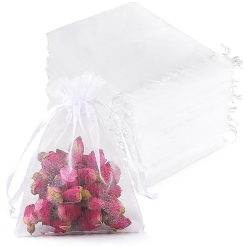 50 Pièces Sachet Organza, 15x20 cm Pochette Organza Blanc, Sac Bijoux Cadeau avec Cordon de Serrage, Petits Sachet en Tulle, Pochon Bijoux pour Mariages, Anniversaires, Fêtes, CéléBrations, Noël