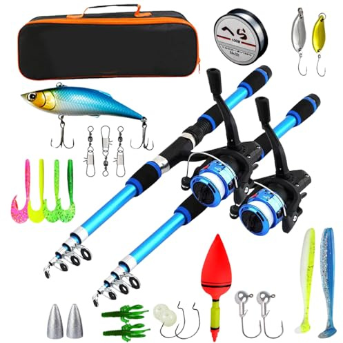 2 Pièces Kit De Pêche, Kit De Canne À Pêche, Kit D'outils De Pêche, Ensemble De Pêche avec Canne À Pêche De 180cm, Moulinet, Accessoires De Pêche Et Sac De Transport pour Eau Salée/Douce, Bleu