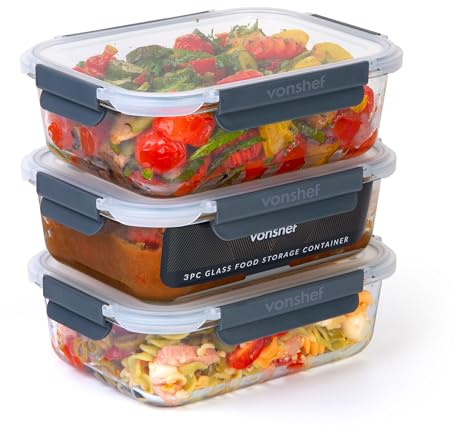 VonShef Boîtes Alimentaires en Verre- Lot de 3 Boîtes Repas 1500ml, Couvercles Hermétiques et Sans BPA, Idéales pour Meal Prep, Empilables, Compatibles Micro-ondes, Four, Congélateur et Lave-vaisselle