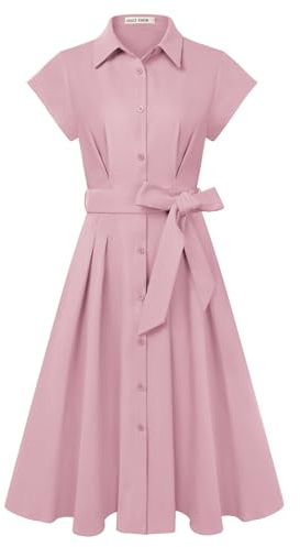 GRACE KARIN Damen Sommer Kurzarm Kleid Knöpfen Midi Blusenkleid mit Taschen | Reverskragen, Taillengürtel, elegante A-Linie – perfekte Blusenkleid-Silhouette. Ideal für Freizeit, Büro, Hochzeit