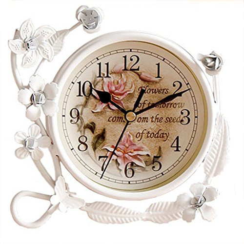 SWHONG White Flower Rustic Iron Mantel Table Clock Living Room Bedroom Quiet Table Clock Home Decor
