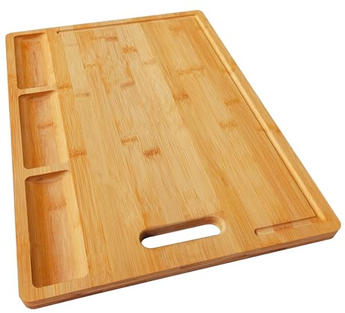HHXRISE Tabla de cortar de bambú orgánico para la cocina, con 3 compartimentos integrados y ranuras para el jugo, muy resistente, para carnes, pan, frutas, tabla de trinchar, sin BPA