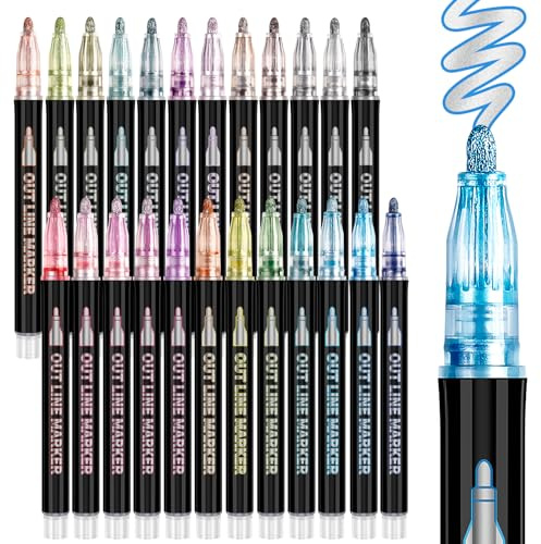 ANYUKE 24 Double Line Outline Pens, Shimmer Outline Markers Glitter Pens for Girls Crafts, Art Supplies Metallic Pen for Card Making