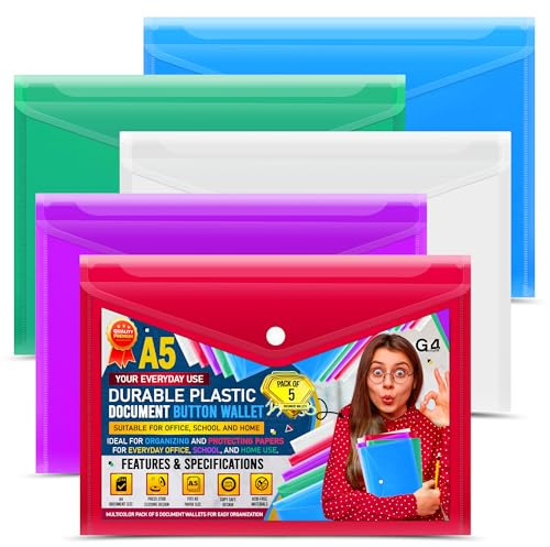 G4GADGET A5 Plastic Document Wallets with Popper - Pack of 5 | Assorted Colors | Waterproof, Durable & Transparent A5 File Folders for School, Office, Home & Travel