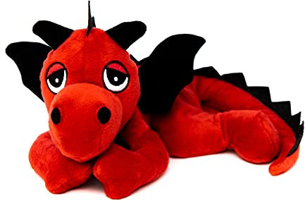 Habibi Plush Wärmekissen/Stofftier f. Kinder und Erwachsene – 1864 Glücksdrache rot/schwarz mit Hirsefüllung, Wärmekuscheltier zum Erwärmen in der Mikrowelle/Backofen, Drache auch für Babys