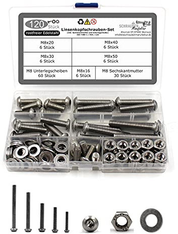 120 teiliges Set aus Linsenkopfschrauben mit Innensechskant nach Norm ISO 7380-1 + Sechskantmutter DIN 934 und Unterlegscheibe DIN 125 Edelstahl Größe M8