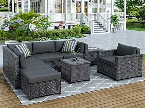 8 Pieces Outdoor Patio Furniture Set, PE Rattan Wicker Sectional Seating Group with Cushions and Coffee Table, Conversation Sofa Set (Grey+S^)