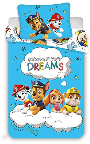 Jerry Fabrics Juego de ropa de cama infantil de la Patrulla Canina, Believe in Your Dreams, azul, con Marshall Rubble Skye y Chase, funda nórdica de 100 x 135 cm