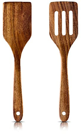 2 Stück Pfannenwender Holz - natürlicher Teakholz mit langem Griff und Schlitzwender handgefertigt für Schutz vor Kratzer fr Pfanne, Hitzebestndig, Antibakteriell, Kchen Spatel Set