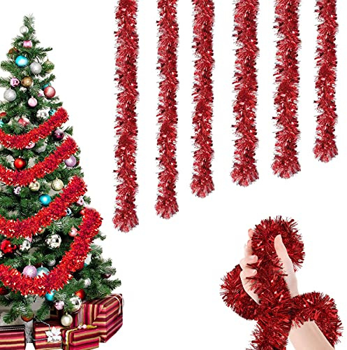 Weihnachten Lametta Girlande,6 Stück x 2M Lametta Glänzend Girlande,Weihnachtsbaum Dekoration Girlande,Festliches Weihnachten Lamettaa(Rot)