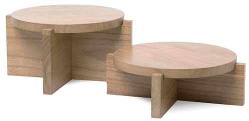 AERLO Natural Wood Riser Set of Two - Large 10” Round Wooden Plant Stands Indoor - Wood Pedestal Stands for Plants, Cakes, Drink Dispensers or Decorative Display - Mid Century Modern Plant Tables - Plant Stool for Floor or Table