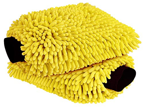 YUANQIAN 2er-Pack Premium-Chenille-Autowaschhandschuhe, Mikrofaser-Waschhandschuhe, Auto-Reinigung, Mikrofaser-Handschuhe, gelb, weich, robust, saugfähig, kratzfrei