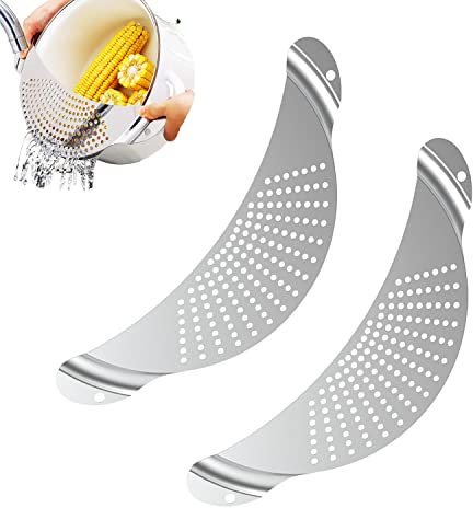 2Pcs Colador de Ollas de Cocina, Filtro de Escurridor de Ollas, Colador de Pasta de Ollas de Acero Inoxidable, para Todas las Ollas y Tazones, para Espaguetis y Frutas (Media Luna)