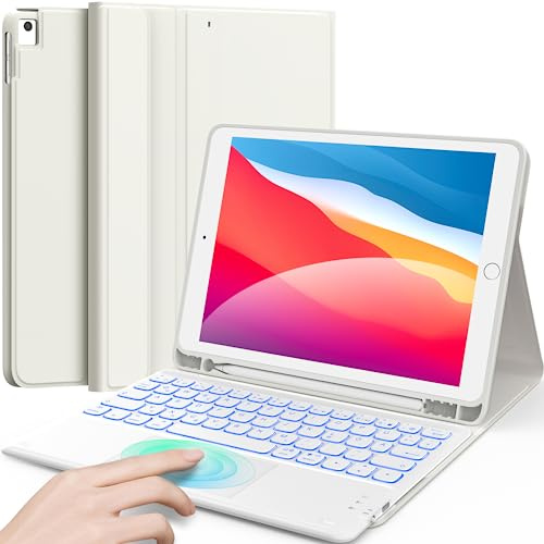Earto Tastatur für iPad 7./8./9. Gen 10.2 Zoll, Air3, Pro 10.5 Zoll | Smart-Touchpad, 7-Farbige Beleuchtung, kabellos abnehmbar, QWERTZ Layout, Weiß