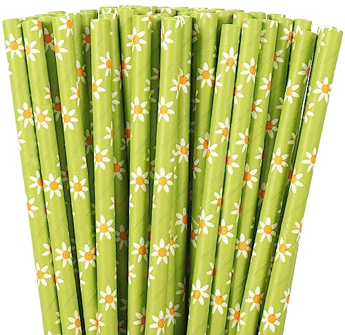 Whaline 100Pcs Flower Drinking Straws Green Boho Daisy Disposable Paper Straws Groovy Floral Decorative Straw for Summer Birthday Baby Shower Party Supplies Juices Shakes Cocktail Decoration