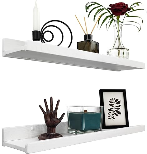 Handgearbeitet Wandregal Weiß 60 cm, Regal Wand Holz 2er-Set, Hängeregal Wandhalterung Regalbrett, Modern Schweberegal, Schmales Bilderleiste für Badezimmer, Wohnzimmer, Küche, Schlafzimmer