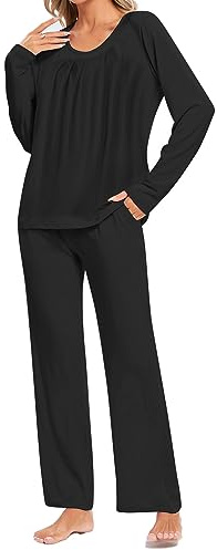 Famulily Womens Comfy Long Sleeve Pyjama Sets Two Piece Round Neck Loungewear with Pockets Black XL