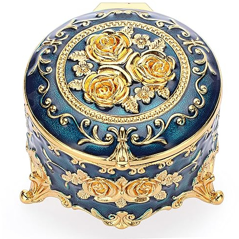 IGNPION Dekorative Schmuckschatulle, Vintage-Schmuckschatulle, klein und exquisit, für Ringe, Ohrringe, Halsketten, rund, Blau