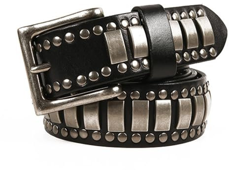 AKAFKKPYXSD Neutraler Nietengürtel Verstellbarer Ledergürtel Mit Ösen Klassisch Handgefertigt Punk Rock Western Style Accessoire Für Jeans Gürtel(115cm/waist:38~40, Black)