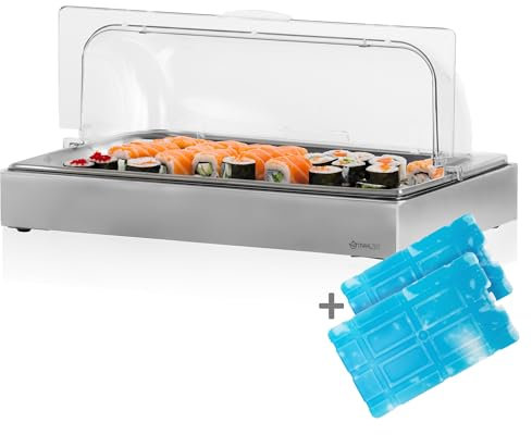 Mahlzeit Kühl Servierplatte | 54 x 34 x 24,5 cm | GN 1/1 Kühlplatte mit Haube, System Kühlschale mit Kühlakku | Frischhalteplatte, Servierhaube mit 2 Kühlakkus | Catering Platte, Buffetvitrine