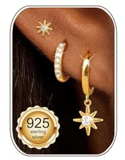 FUNEIA Ohrringe Silber 925 Set für Damen 14K Vergoldet Kleine Creolen Ohrstecker Silber Gold mit Zirkonia Anhänger Stapelbar Wasserfest Stecker Ohrringe Set für Mehrere Ohrlöcher Schmuck Geschenk