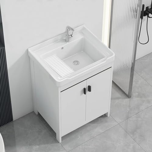 Mobiletto per bagno con lavandino in ceramica, mobiletto moderno per il bagno, vasca per lavanderia a doppia anta legno, stazione lavaggio per lavabo montaggio rapido per garage, ristorante,lavanderia