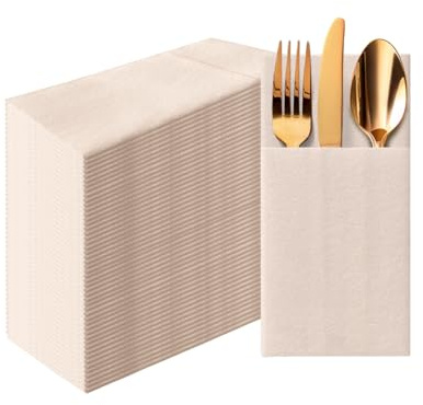 PAW - Linen Feel Napkins with Built-in Flatware Pocket, Soft and Absorbent Paper Pre-Folded Napkins, Guest Towels, Wedding Party, Dinner, Birthday, Gatherings, Monocolor Beige, 50 Count