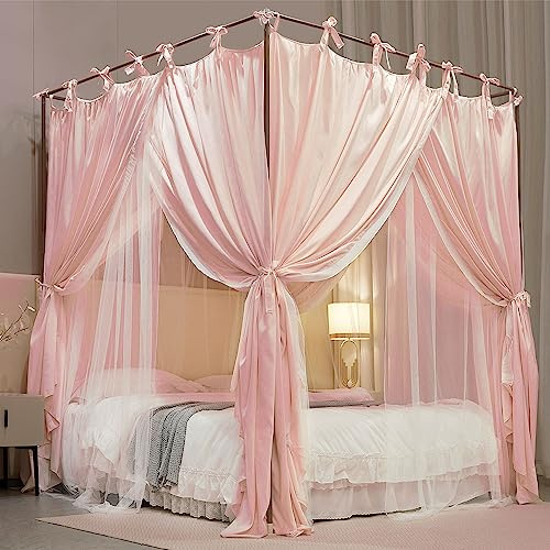 HUOQOU 4-Pfosten Prinzessinnen Betthimmel – Doppelschichtiges, Gemütliches Moskitonetz aus Mesh & Stoff für Mädchenzimmer Dekoration (Rosa, 1.5W*2L*2.1H(m))