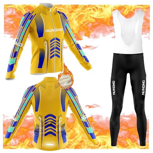 Radtrikot Set Herren Langarm Fleece Fahrradbekleidung Anzug Männer schnell trocknend Radjacke+ Lange Radlerhose mit 9D Gepolsterten Trägerhosenfür MTB Outdoor (#9B,4XL)