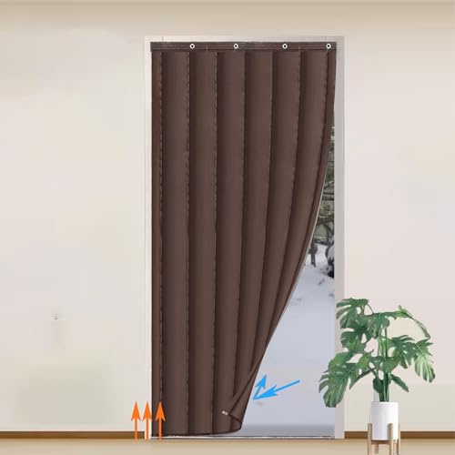 Thermal Insulated Door Curtain Fits Door Frame Size 32 x 84, Soundproof Quilted Oxford Fabric Thicken Cotton Fill Insulation Door Blanket, Winter Garage Door Cover (Brown)
