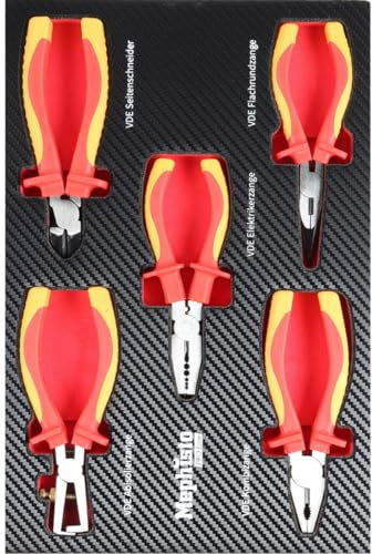 Mephisto Pro Line VDE - Juego de alicates de electricista con alicates combinados, alicates puntiagudos, cortadores laterales, pelacables, alicates de electricista en Soft Inlay en imitación de