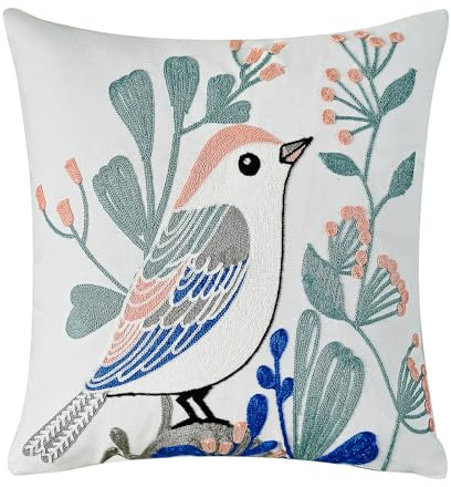 DORAM Bird Embroidered Cushion Covers, Colourful Decorative Floral Square Throw Pillow Covers for Farmhouse Living Room Bedroom Sofa Home Decor Art 45 x 45 cm