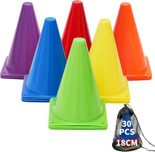 LATERN 30 Stück Fußball-Markierkegel, 19CM Plastikmarkierung Trainings Verkehrshütchen Sport Agility Feld Markierung für Skaten Basketball Fußball Aktivität Wurfspiel Hindernis Parcours (6 Farben)