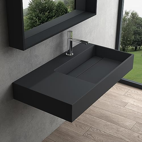 Mai & Mai Lavabo da Appoggio in Minerale Fuso 100x48x13cm, Col12-R | Rettangolare, Lavandino Bagno a Muro, Senza Troppopieno, Antracite Opaco