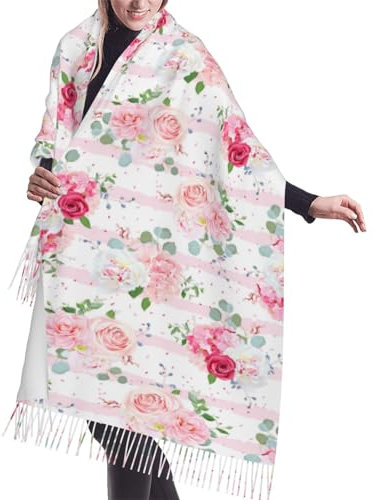 Poadnly Rosa Rosenblüten, Großer weicher Kaschmir-Schal, Wickelschal, Fransenschal, leichte Stola, 196 x 68 cm