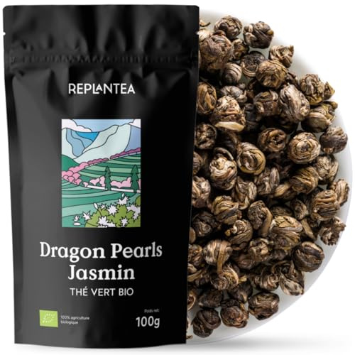 Perles de Dragon au Jasmin Bio (100g) | Thé Vert en Vrac Roulé à la Main | Grand Cru Floral & Délicat | REPLANTEA