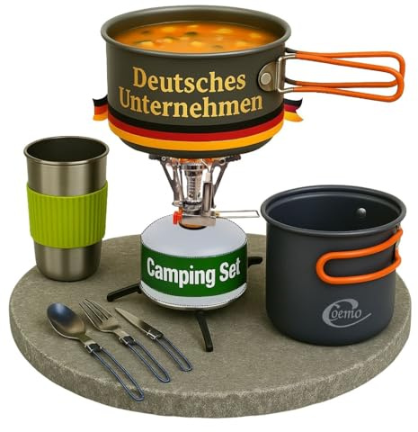 Coemo 7-teiliges Camping Kochgeschirr Set mit Kocher, Topf, Pfanne | Outdoor Kochset mit Kocher, Besteck & Becher, 7-teiliges Camping-Kochset mit Pfanne, klappbarem Besteck, Ideal für Wandern