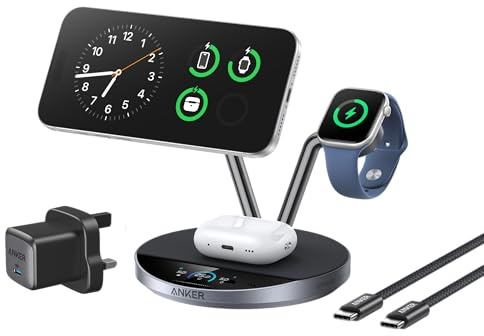 Anker Prime MagSafe Charger Compatible, 3-in-1 Charging Station, Qi2 25W Certified Wireless Charger Dock Stand, Smart Display with TEC Active Cooling, for iPhone 17, Apple Watch, AirPods, and More